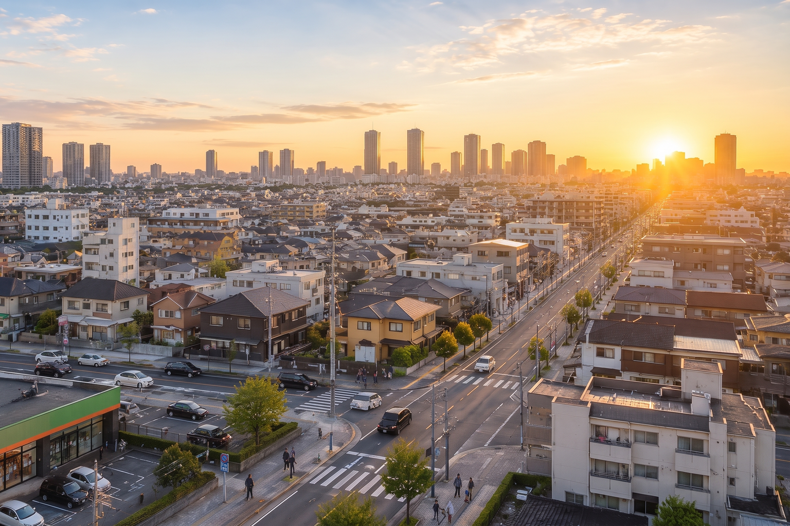 夕日に染まる都市の風景